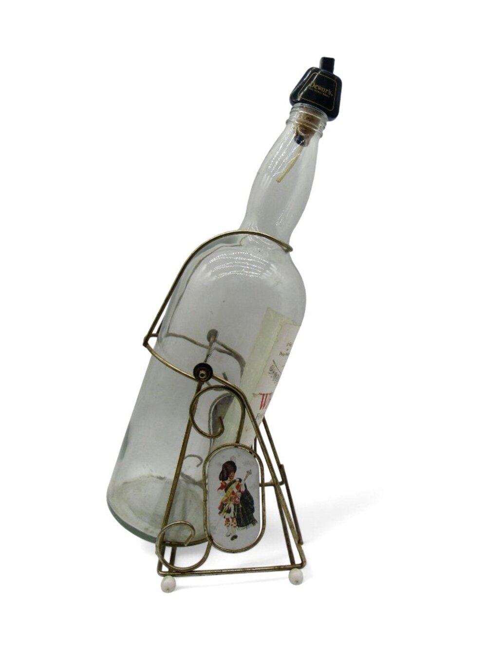 Large Dewars Glass Whisky Bottle Stand & Pourer Scotland Vintage 21.5"